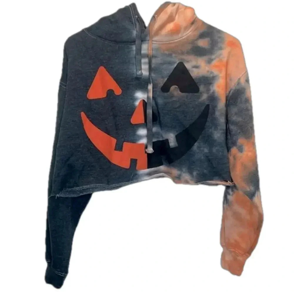Halloween hoodie pumpkin tie dye long sleeved small cropped fall hoodie‎ sweater